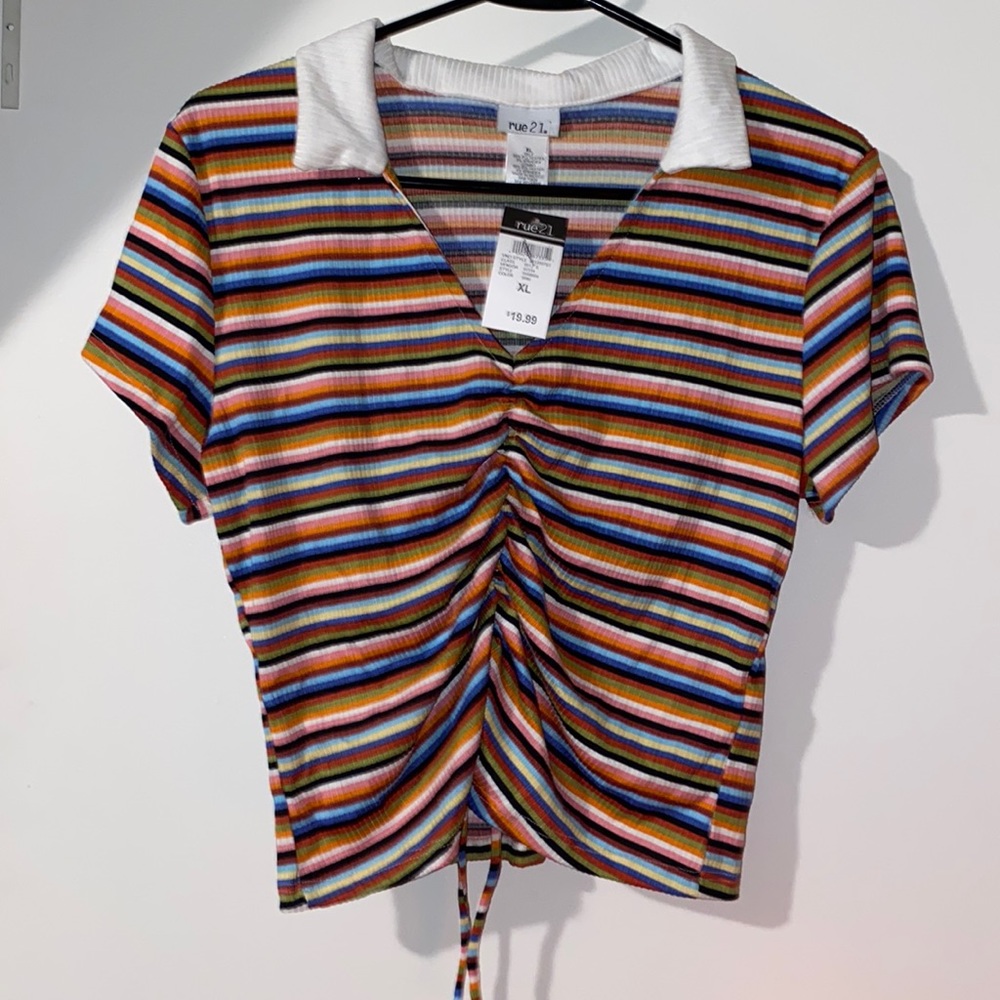 (XL) rue21 Striped Collared V-Neck